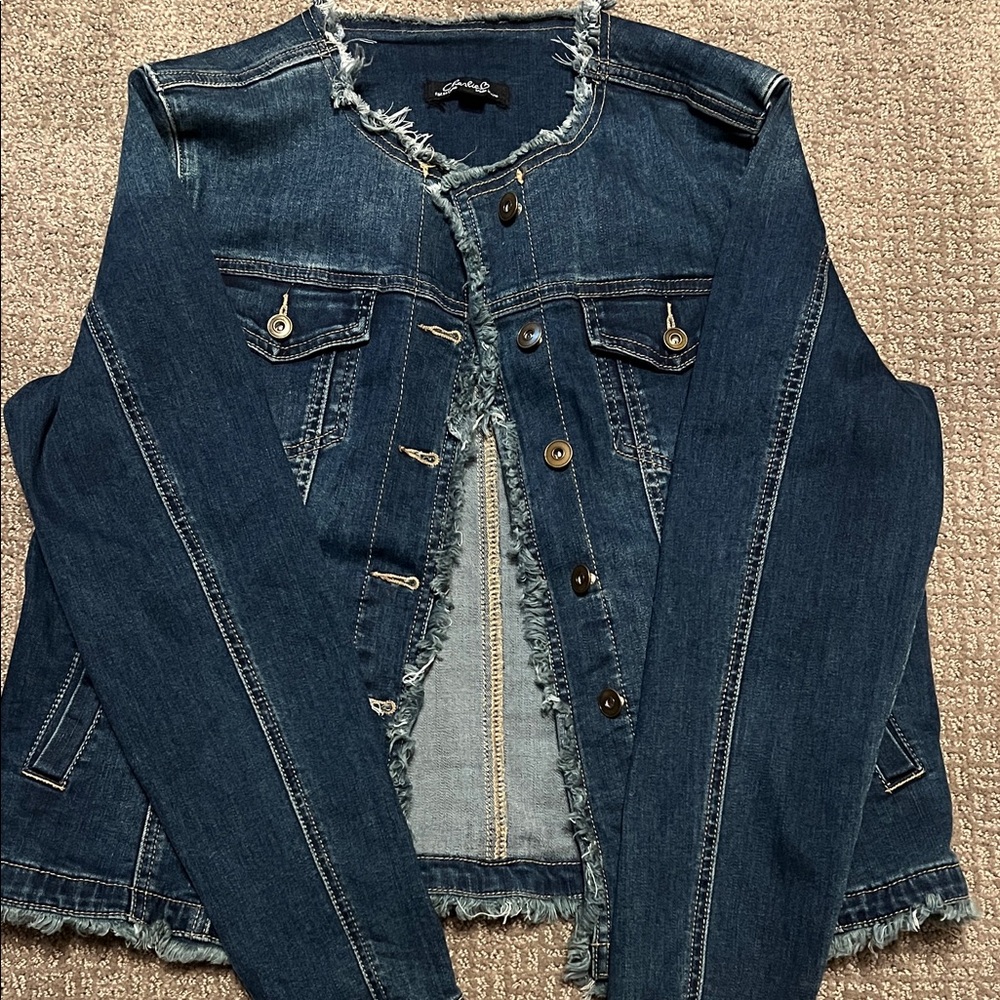 CHARLIE B Dark Blue Frayed-Trim Denim Jacket